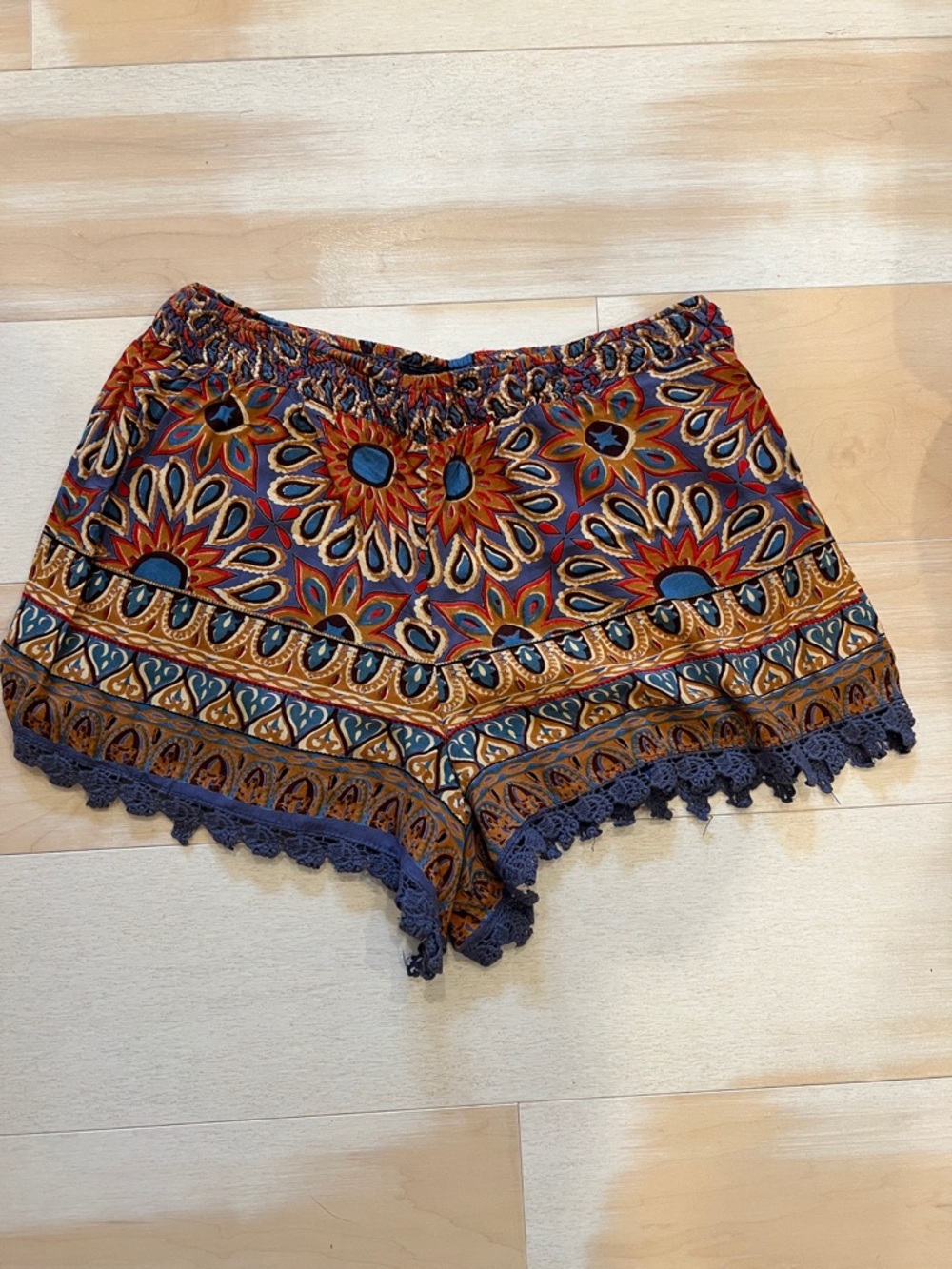 Angie Multicolor Floral Crochet-Trim Athletic Shorts - Navy, Rust, Teal